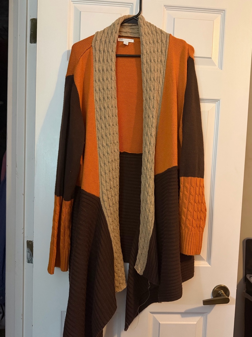 Cato Colorblock Open-Front Cardigan in Orange, Brown & Cream